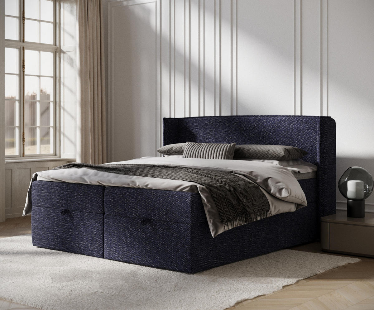 BOXBETT Passion Marineblau 160/200 cm mit Matratze und Topper - Schwarz/Dunkelblau, Holz/Holzwerkstoff (160/200cm) - Maison de Reve