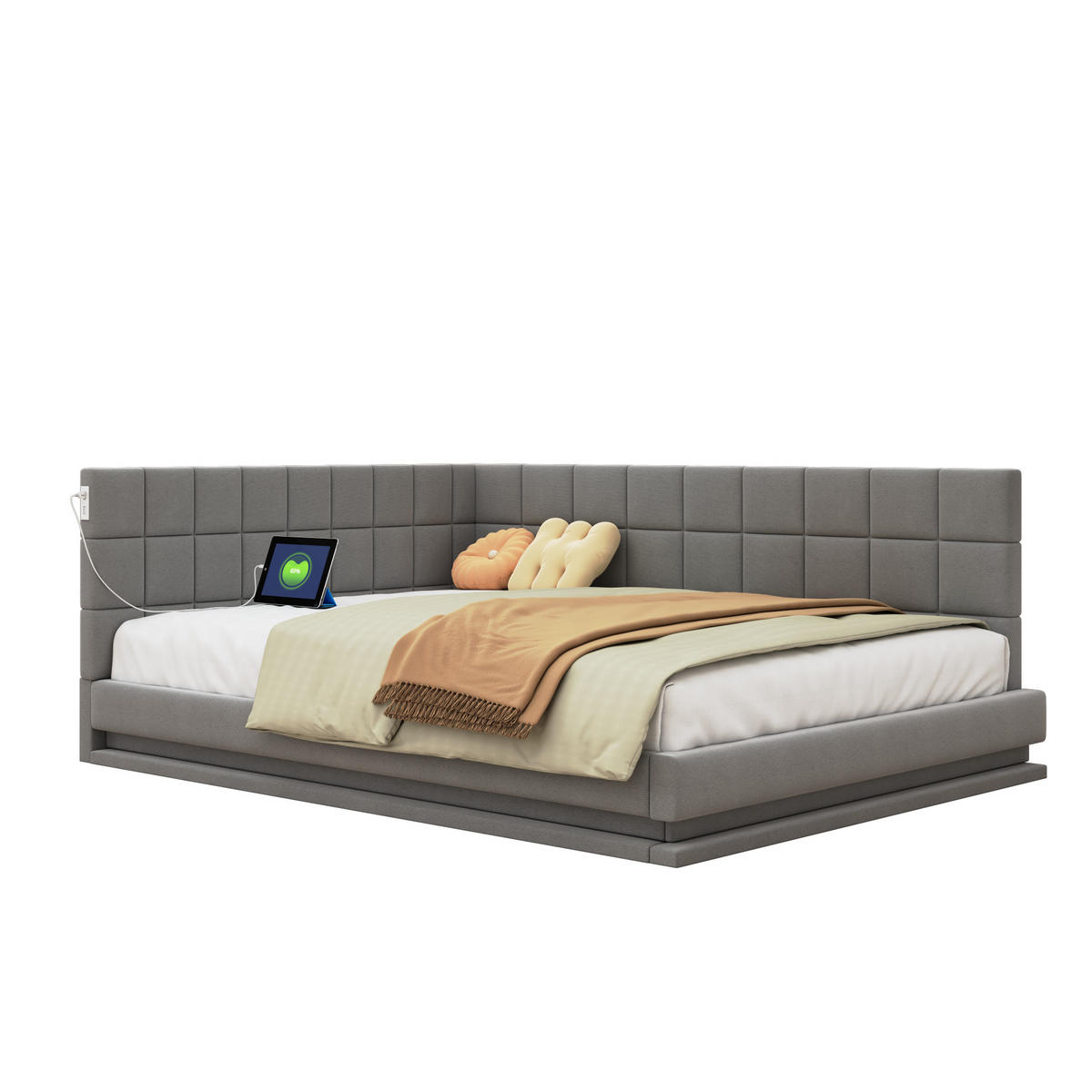 POLSTERBETT 160/200 cm mit LED-Beleuchtung und USB-Anschluss Leinen Grau - Grau, Textil - OKWISH