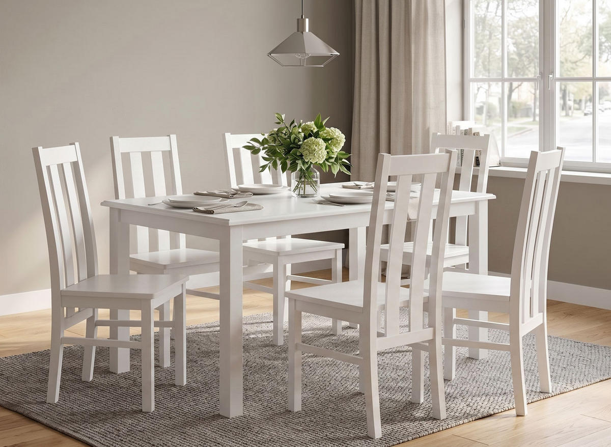 ESSZIMMER-SET Belluno Elegante 7-tlg Kiefer Weiß 150-197 / 93 / 96cm - Weiß, Holz (197/96/93cm) - Feldmann-Wohnen