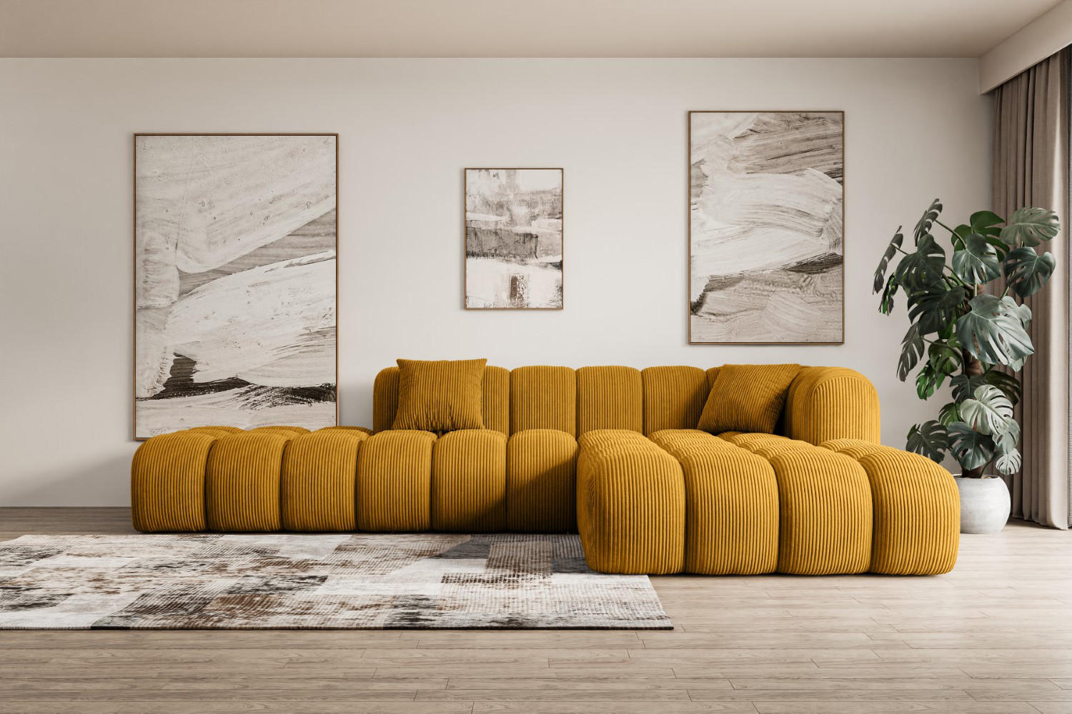 ECKSOFA Ottomane Rechts OLEA-L2 - 289x176x71 cm Senfgelb Cord - Gelb/Schwarz, Holzwerkstoff/Kunststoff (289/176cm) - ALTDECOR