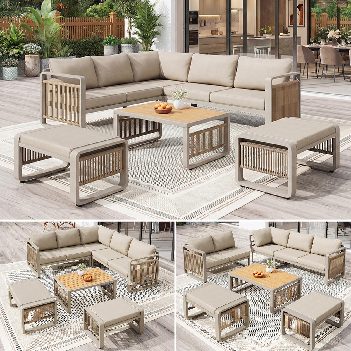 GARTENLOUNGE Beige 6-7 Personen Ecksofa Eisen Seil Kissen Set - Beige, Metall - FLIEKS