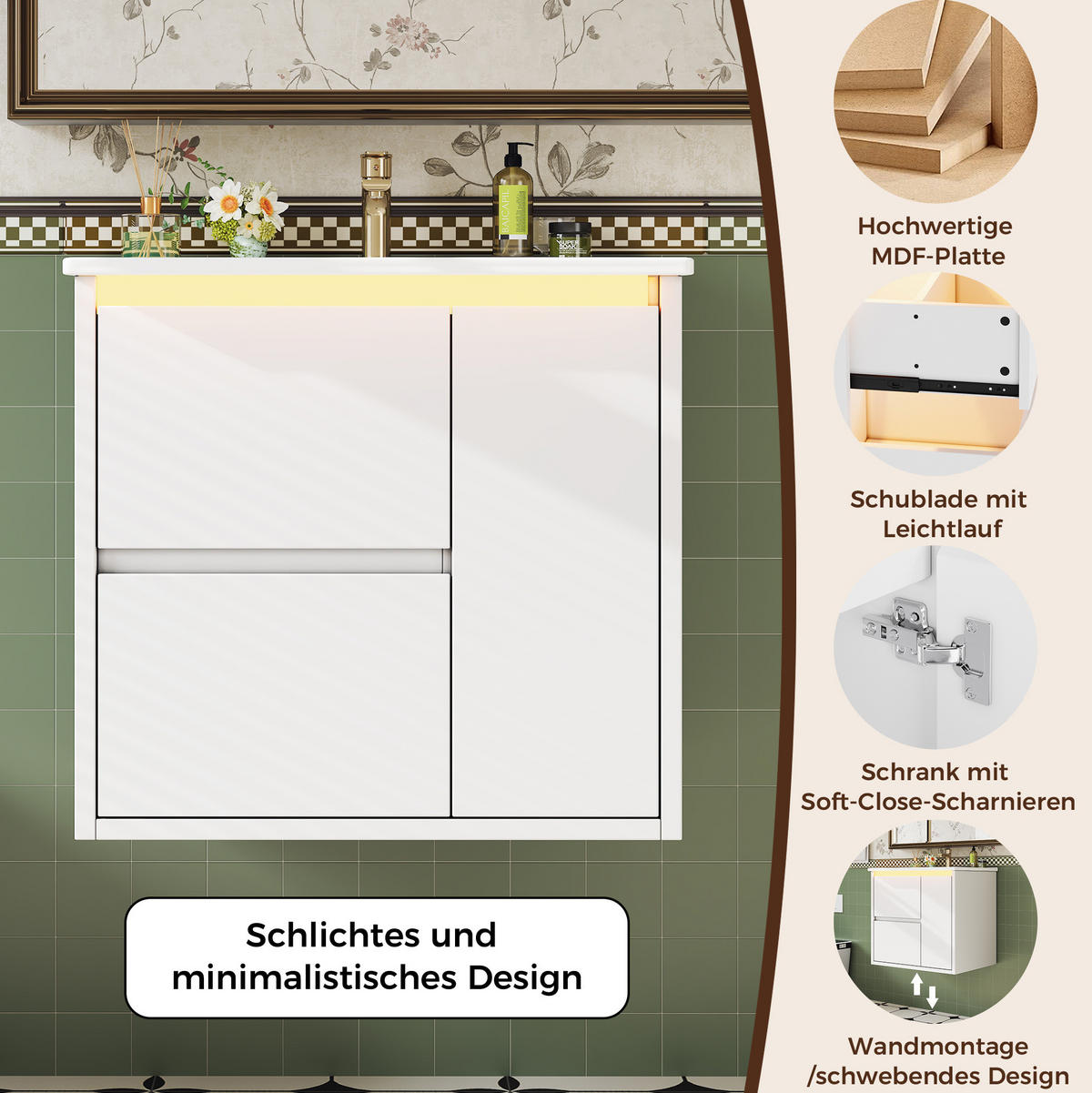 WANDWASCHTISCH aus MDF und Keramik 61x46,5x57 cm Weiß mit LED-Radarsensorleuchte und Soft-Close - Weiß, Keramik (61/57/46.5cm) - Modfu