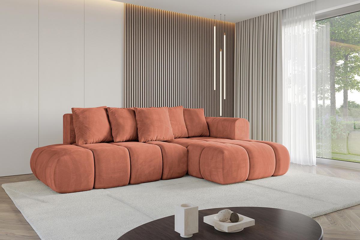 ECKSOFA Ottomane Rechts CLOUD-L-v1 289x180x40 Apricot Velours - Koralle, Holzwerkstoff/Kunststoff (289/180cm) - ALTDECOR