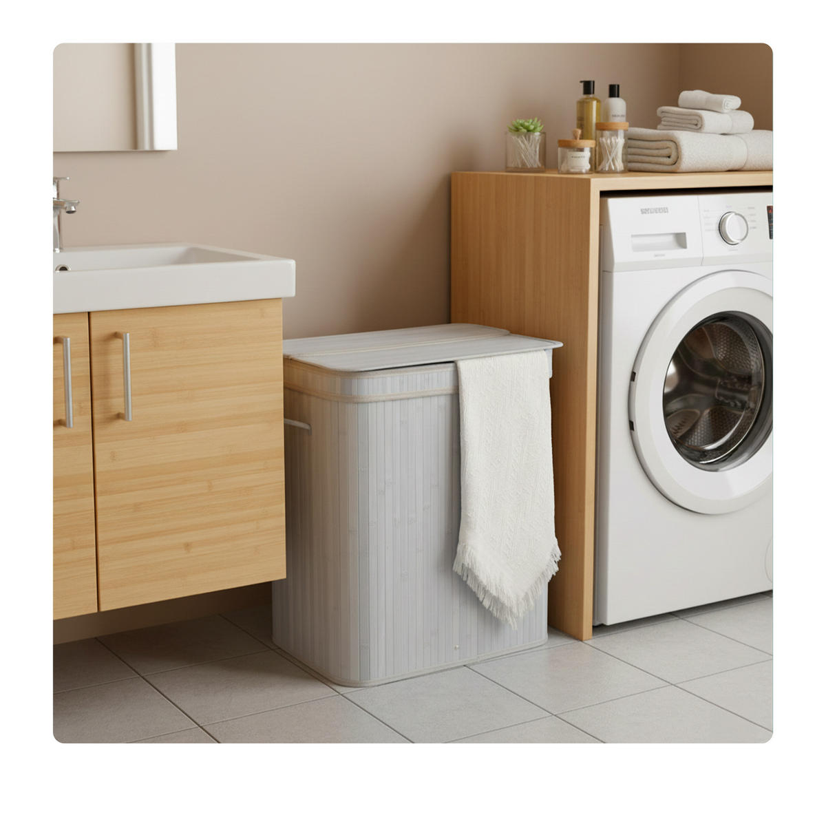 KÔŠ na prádlo - sivá, drevo/textil (30/40/60cm) - Relaxdays