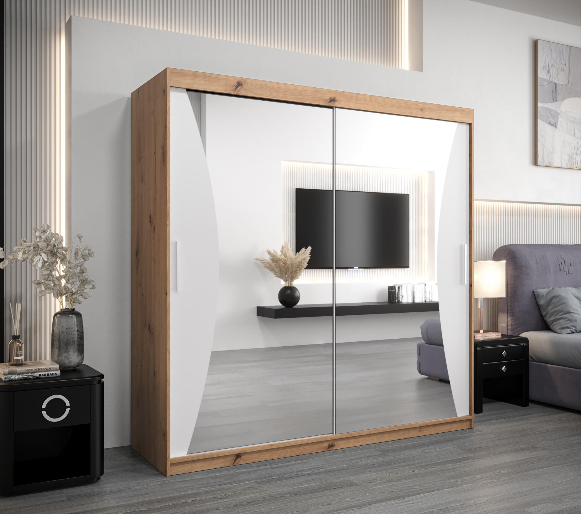 SCHWEBETÜRENSCHRANK 200/200/62 2-türig - Silberfarben/Weiß, Holz/Kunststoff (200/200/62cm) - Abiks Möbel