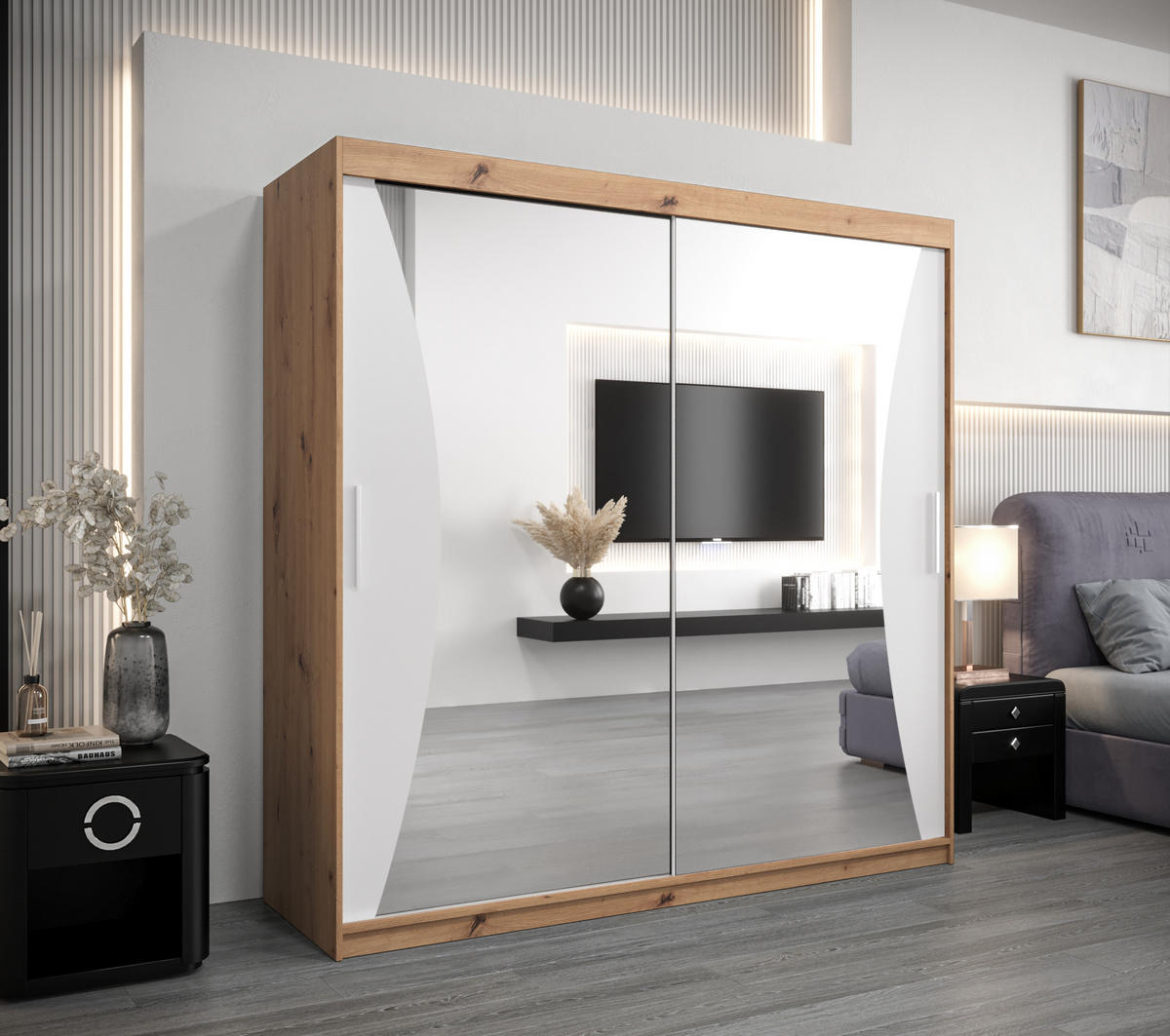 SCHWEBETÜRENSCHRANK 200/200/62 2-türig - Silberfarben/Weiß, Holz/Kunststoff (200/200/62cm) - Abiks Möbel