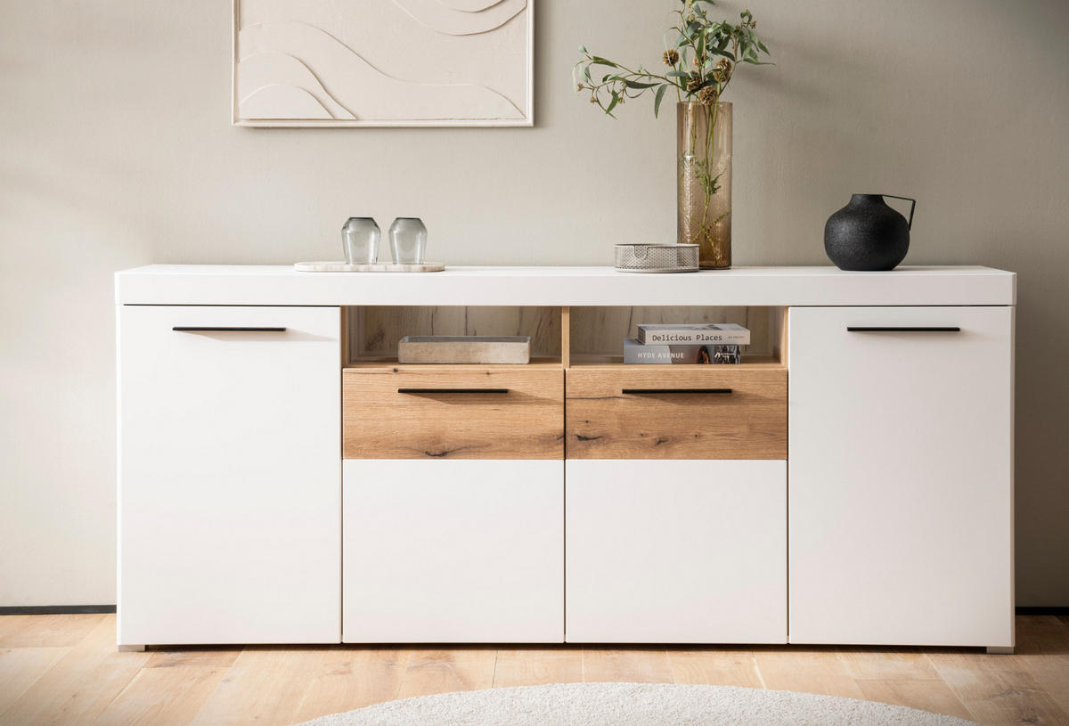 SIDEBOARD weiß matt, Evoke Eiche, Kommode 205 cm, Soft-Close-Funktion - Eichefarben/Silberfarben, Holzwerkstoff/Kunststoff (205/87/40cm)