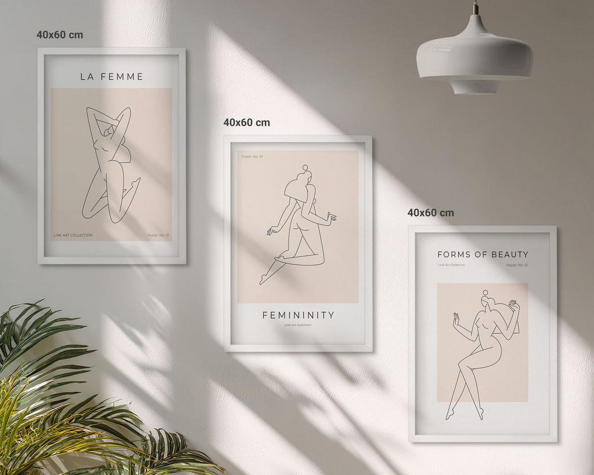 WANDBILDER 3er-Set - 40x60 cm Weißer Rahmen - Poster mit minimalistischen Frauensilhouetten - Weiß, Kunststoff (40/60cm) - ArtPrintCave