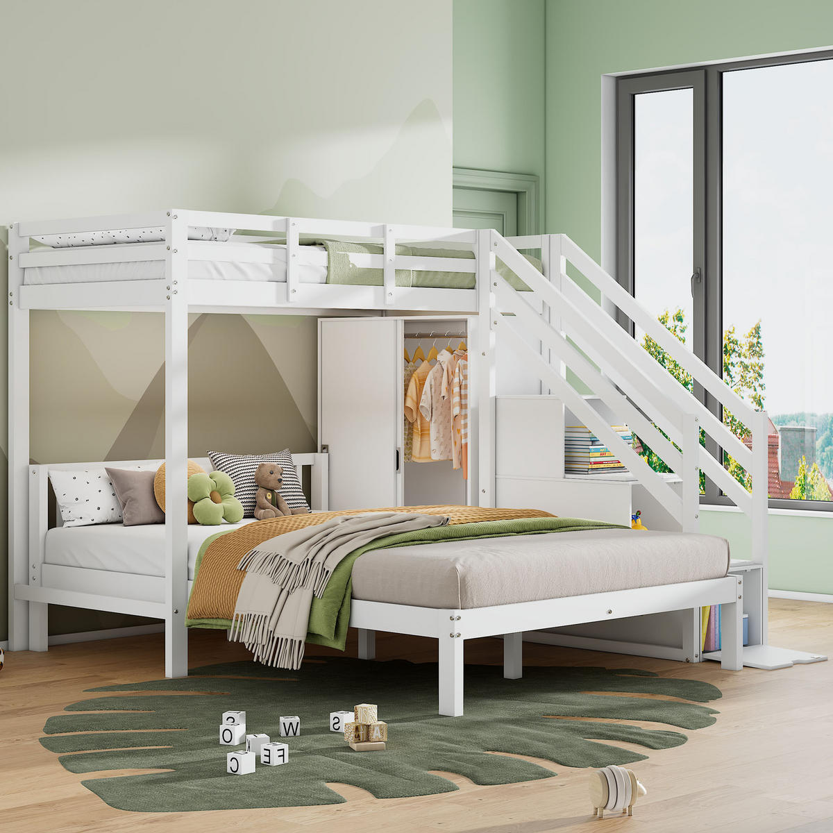 ETAGENBETT 90x200+140x200 Stauraum Treppe Weiß - Weiß, Holzwerkstoff (140/200cm) - FLIEKS