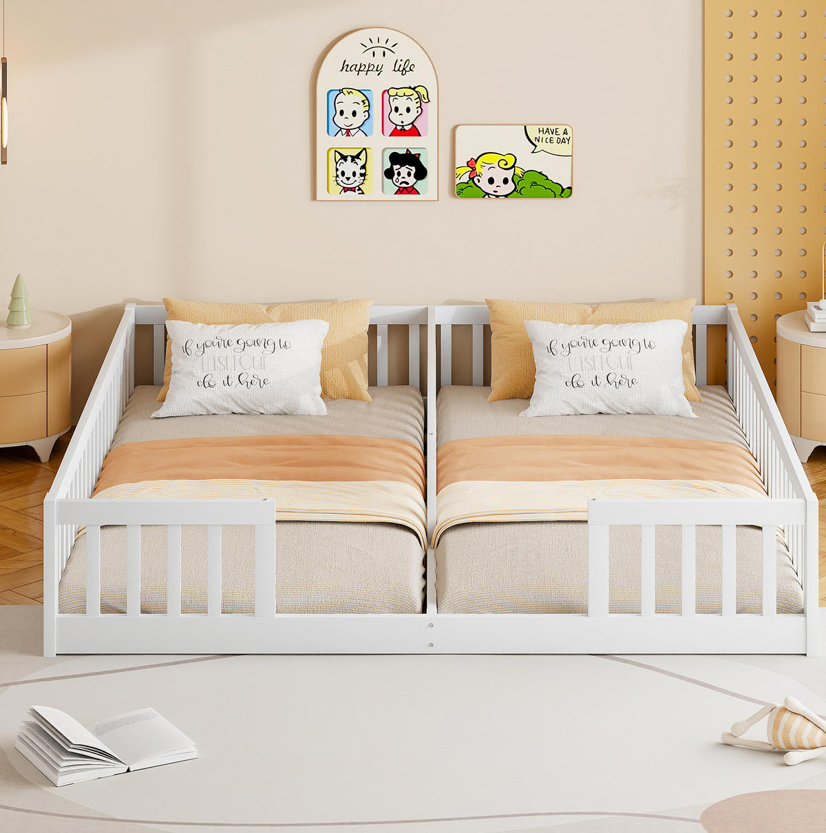 KINDERBETT 204/187/40 cm mit 2 Liegeflächen 90/200 cm und Sicherheitsgitter - Weiß, Holzwerkstoff (90/200cm) - BEAOK