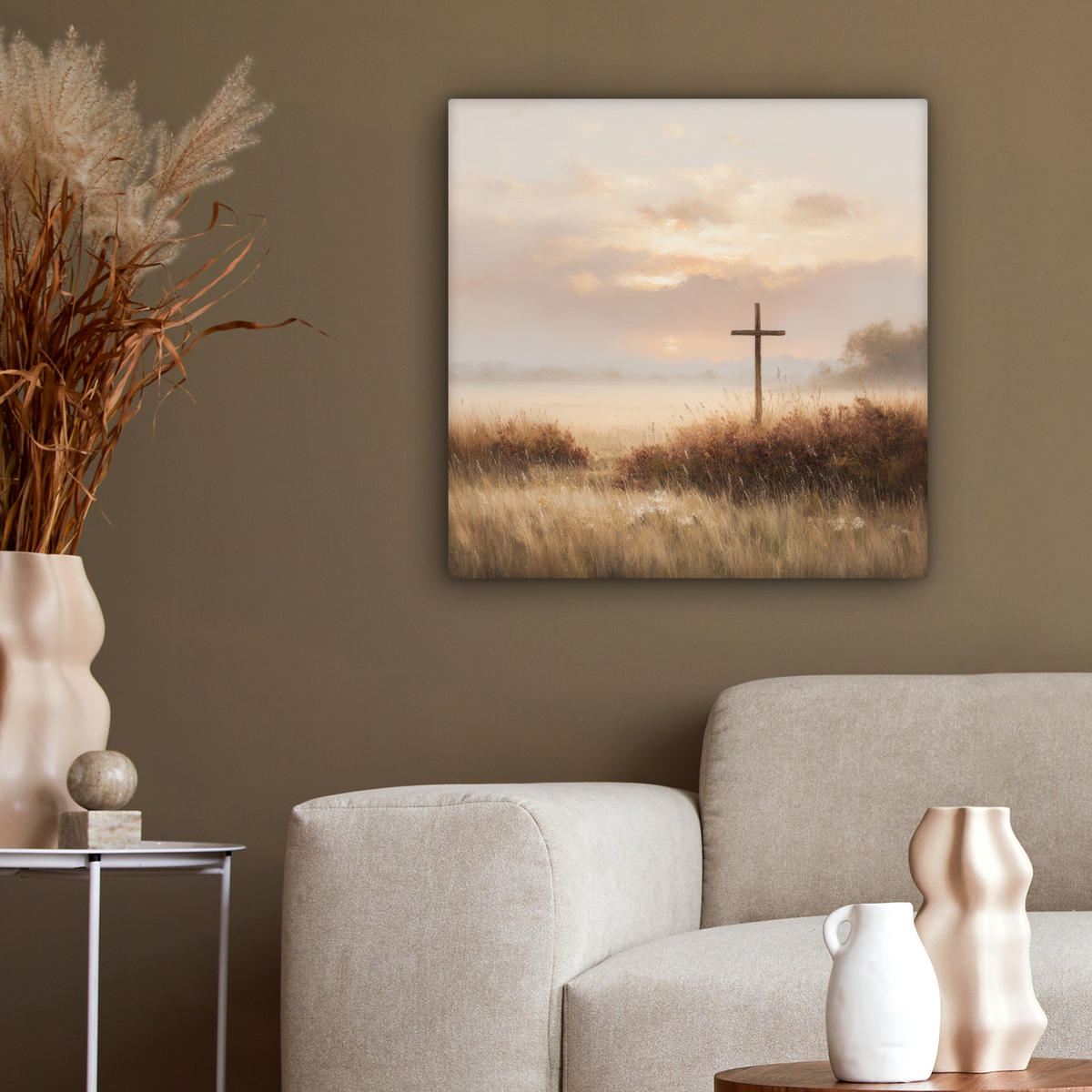 LEINWANDBILD Gras - Morgennebel - Kreuz - Christentum Wandbild Wohnzimmer 50x50 cm - Beige, Textil (50/50cm) - MuchoWow