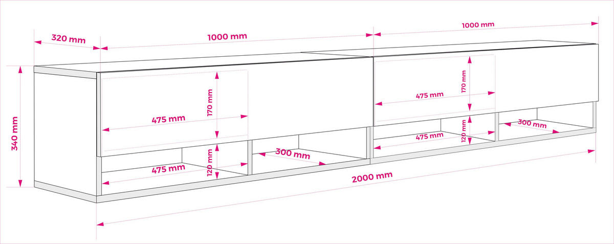 TV-LOWBOARD 200 (2 x 100) cm Mattschwarz / Hochglanzschwarz, 200 × 32 × 34 cm - Schwarz, Holzwerkstoff (200/33.6/32cm) - 3XE LIVING