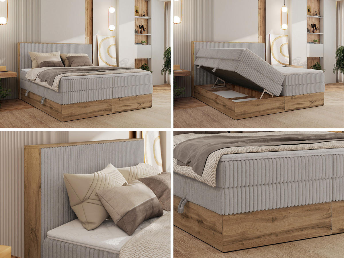 BOXBETT WOOD CLASSIC KING 160/200 - Hellgrau Cord - H3 - Hellgrau, Textil (160/200cm) - MKS