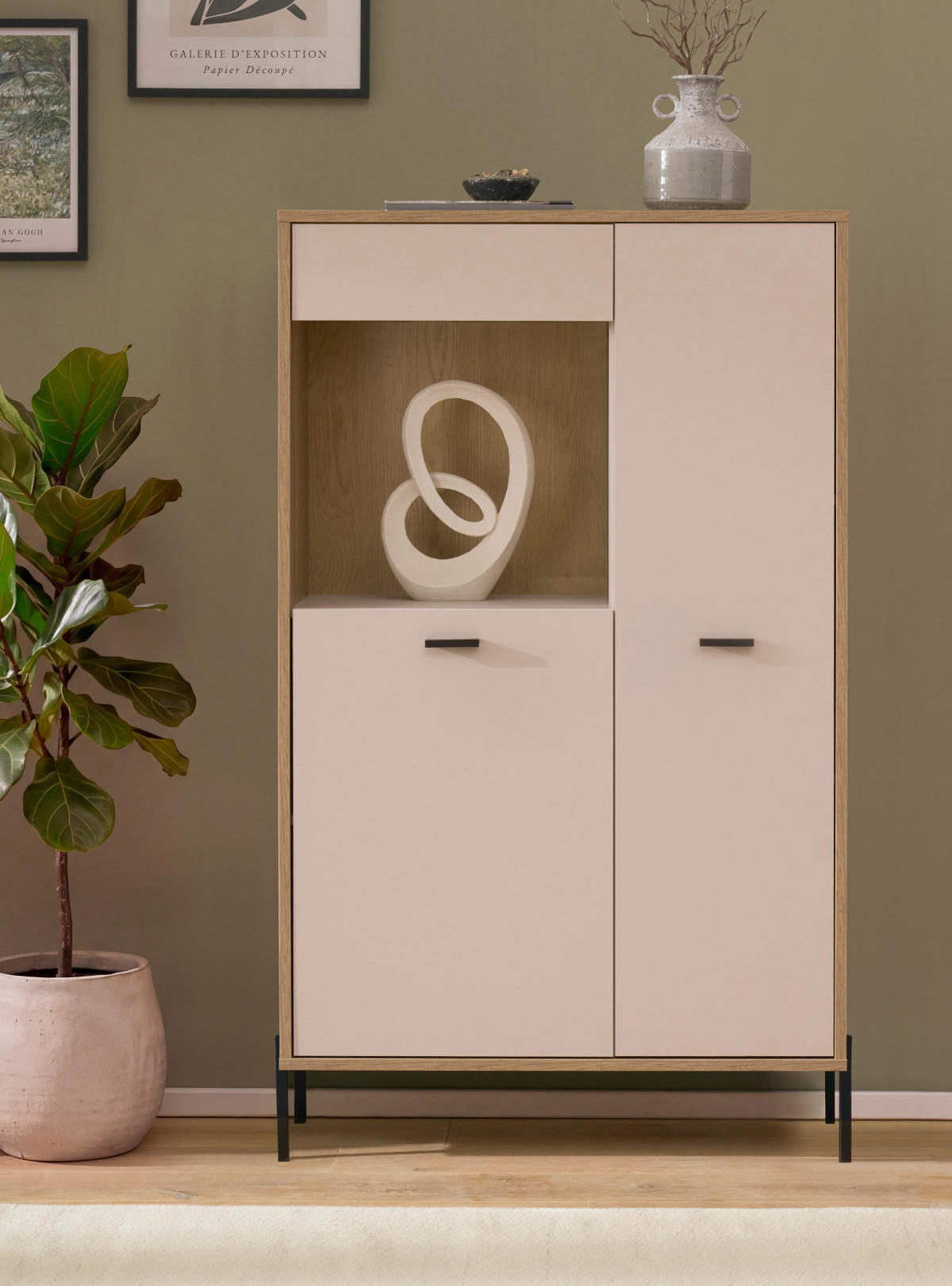 VITRINE Kaschmir, Eiche 80 x 150 cm, HIGHBOARD mit Soft-Close - Kaschmir/Eichefarben, Glas/Holzwerkstoff (80/150/35cm) - Furn.Design