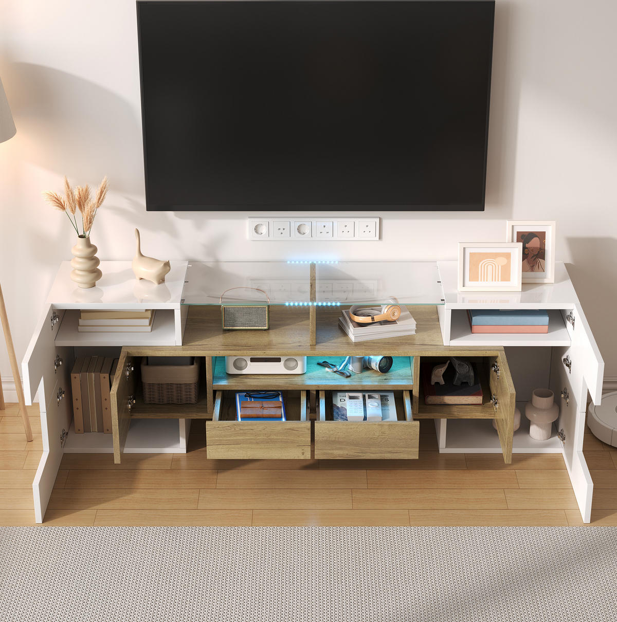 TV-SCHRANK in Hochglanz Weiß/Goldoptik mit LED und Schubladen 145/30/51 cm - Weiß, Holzwerkstoff (145/51/30cm) - Redom