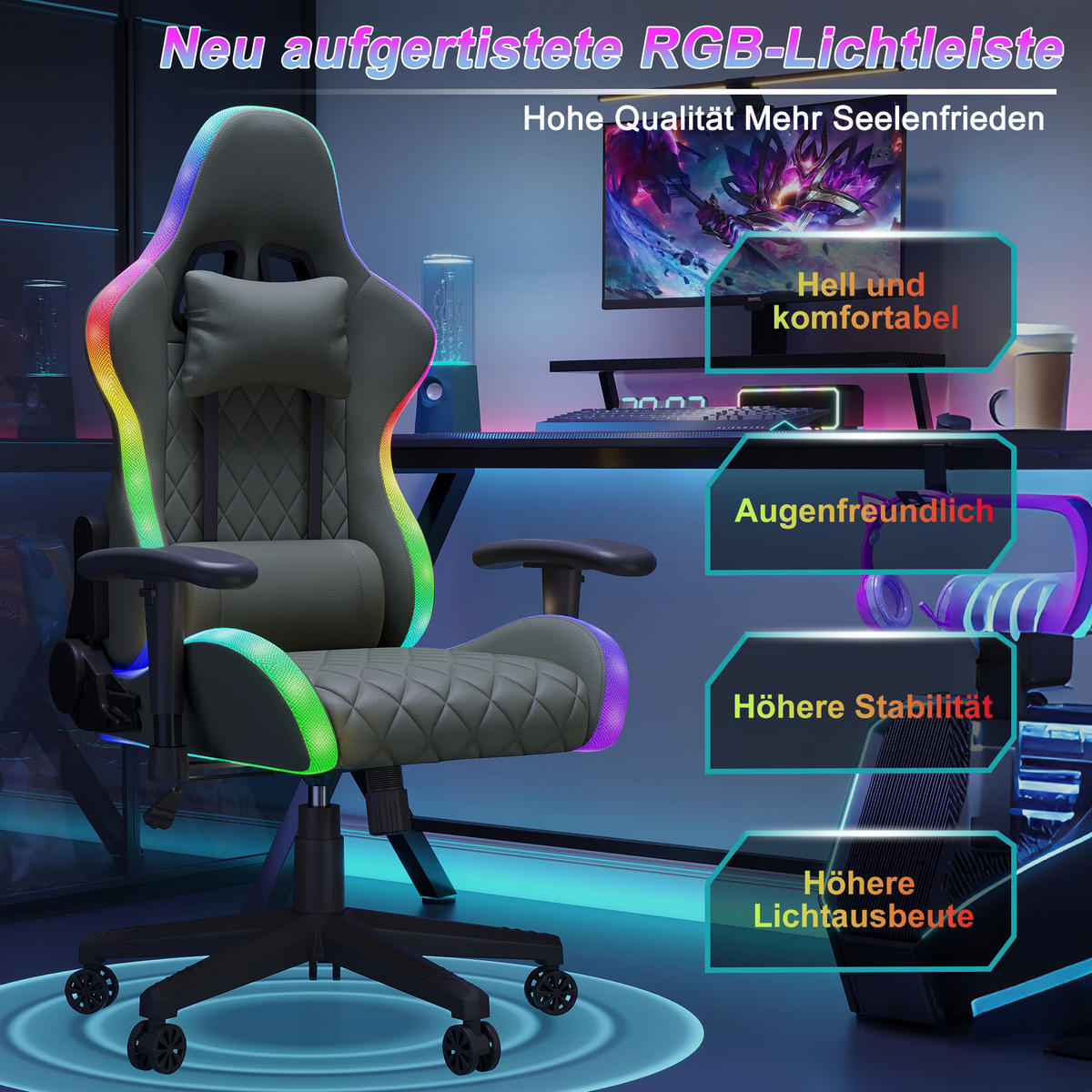 GAMINGSTUHL RGB LED Massage verstellbar ergonomisch schwarz - Schwarz, Holz (68/133/68cm) - LEBENLANG