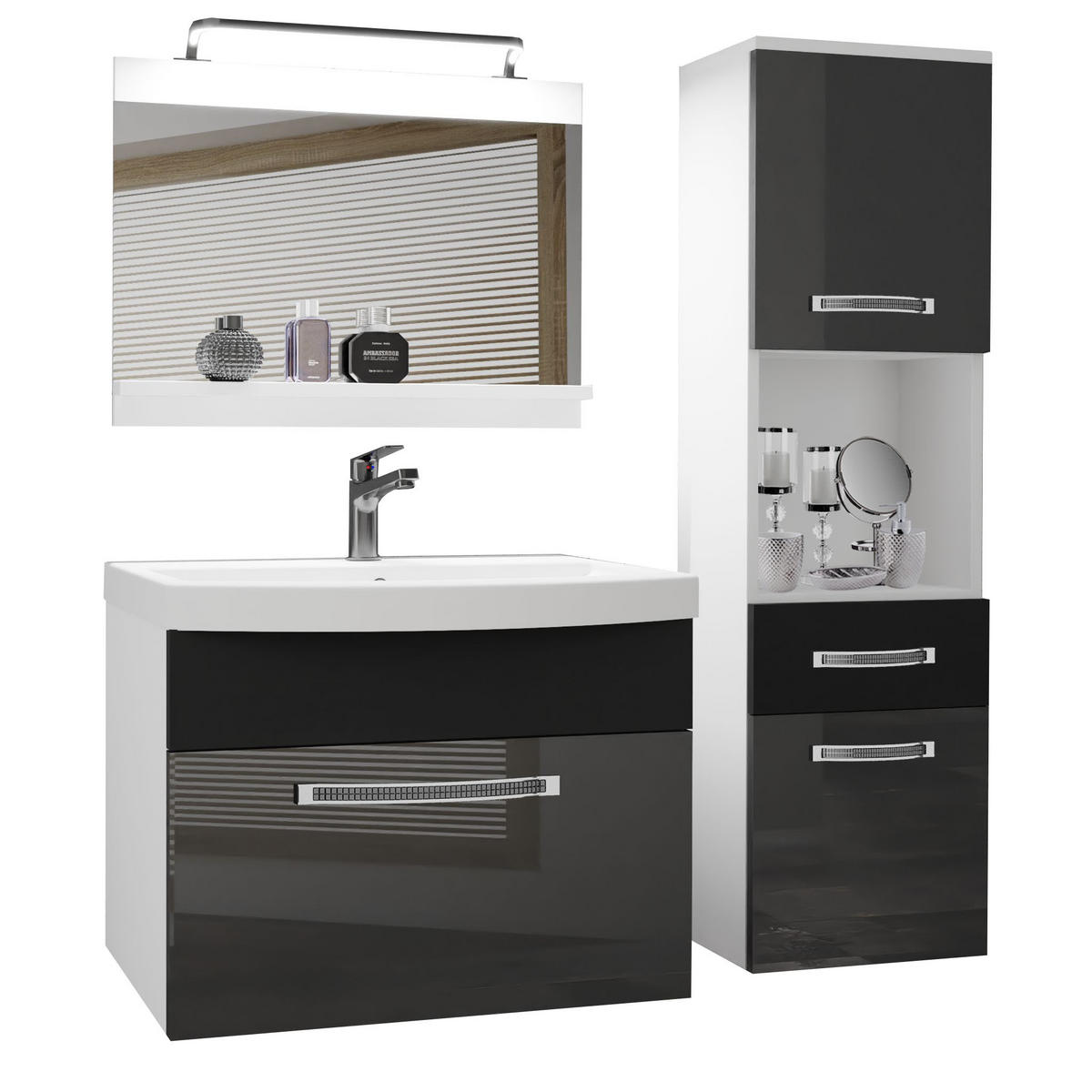 BADMÖBEL Badezimmer Silber Schwarz Glänzend Matt - Schwarz/Grau, Holz (100/113/40cm) - B BELINI GROUP