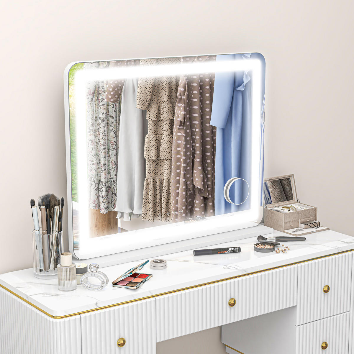 SCHMINKSPIEGEL DE-18029 80/62 cm, dimmbar, 3 Lichtmodi - Weiß, Glas (14/80/62cm) - ComfortXL