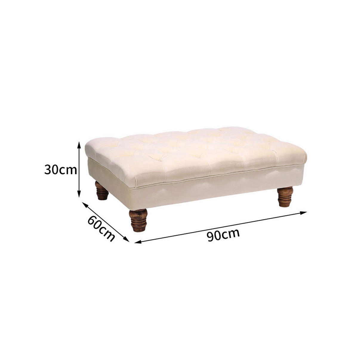 POLSTERHOCKER 90/60/30 cm Knopfheftung Holzbeine Flanell Beige - Beige/Walnussfarben, Holz/Textil (90/30/60cm) - Livingandhome