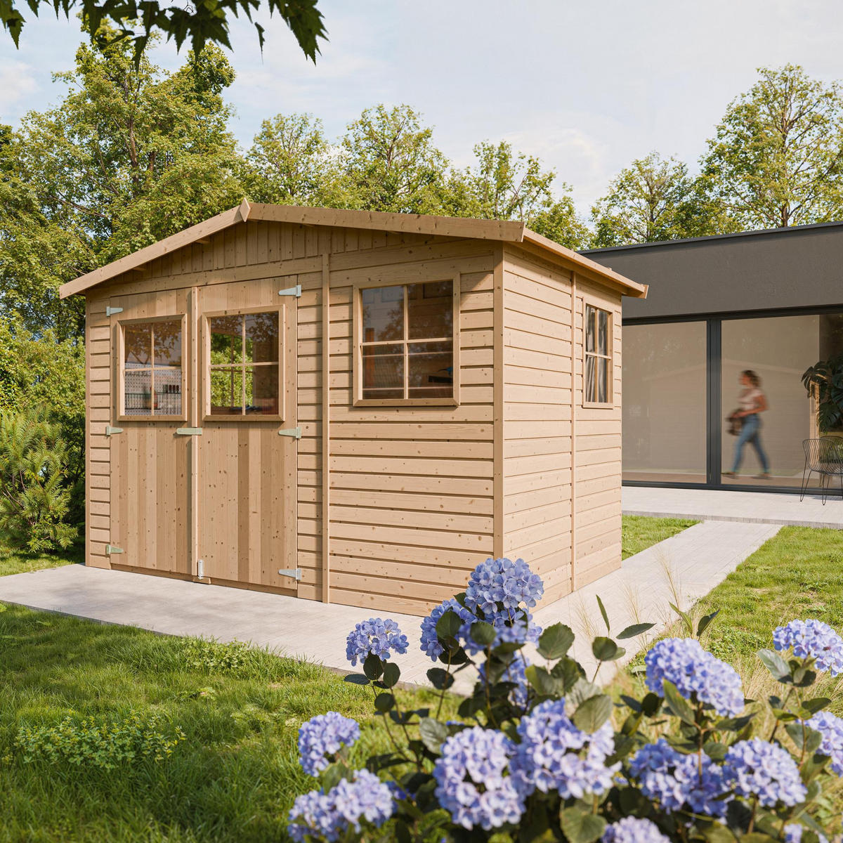 M334 GARTENHAUS HOLZ mit Fenstern - H226x324x216 cm/6 m² - Beige, Holz (324/226/199cm) - Timbela