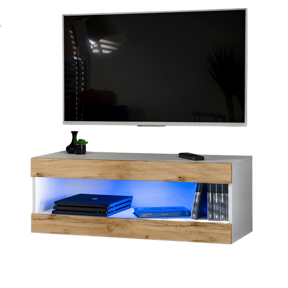 HÄNGEBOARD TV TIVOLI RTV2+BLU Offener Raum Weiß + Wotan - Eiche Wotan/Weiß, Glas/Holzwerkstoff (100/36/35cm) - Komodee