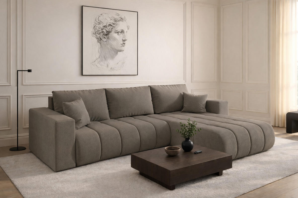 ECKSOFA mit schlaffunktion und bettkasten MILO PREMIUM, stoff WIND, Braungrau, Rechts - Braun, Holz (280/190cm) - Kaiser Möbel