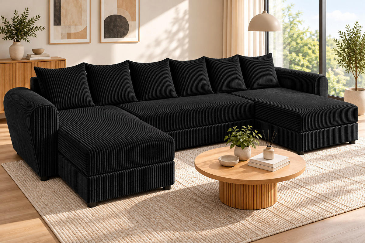 WOHNLANDSCHAFT PUMA U 308 cm – Cord Sofa in U-Form mit Schlaffunktion, Bettkasten und weichem Cordbezug - Schwarz, Kunststoff (308/85/140cm)