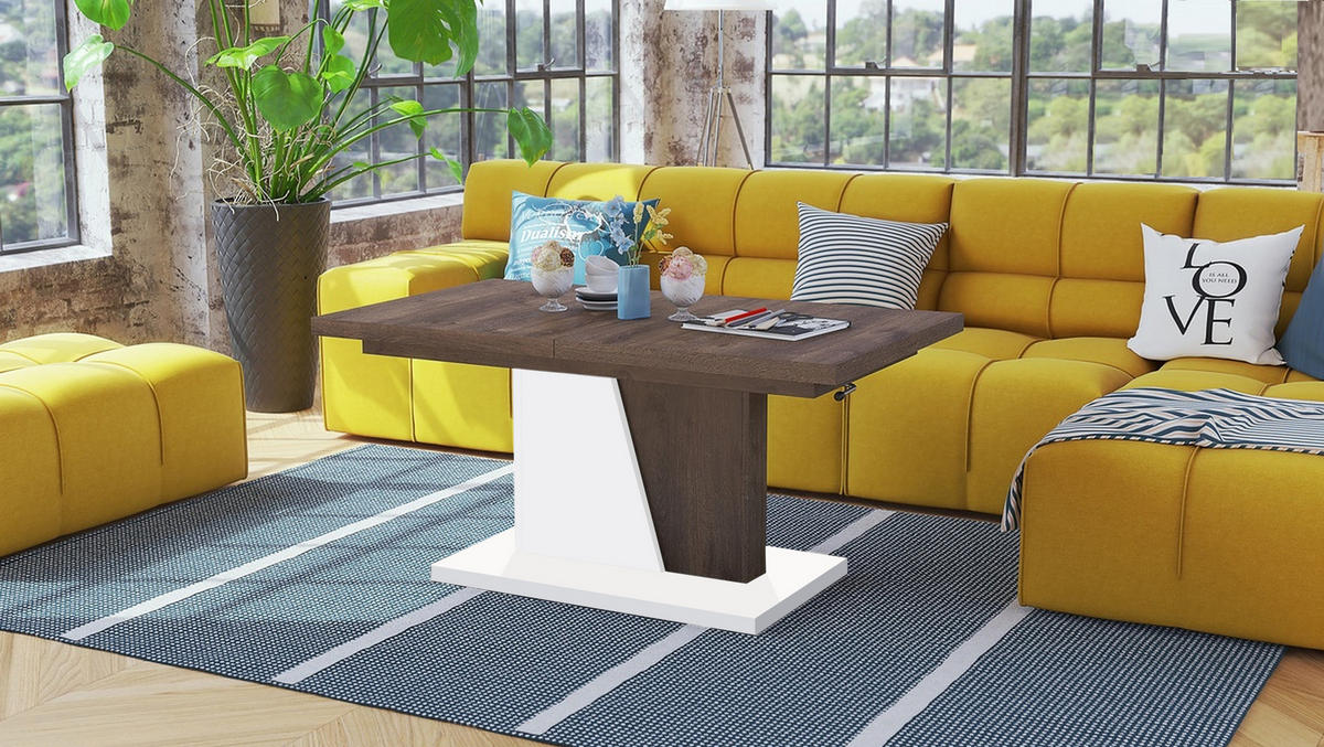 COUCHTISCH rechteckig Eiche dunkel - Weiß ausziehbar höhenverstellbar - Eichefarben/Weiß, Holzwerkstoff (70/120/60cm) - designimpex