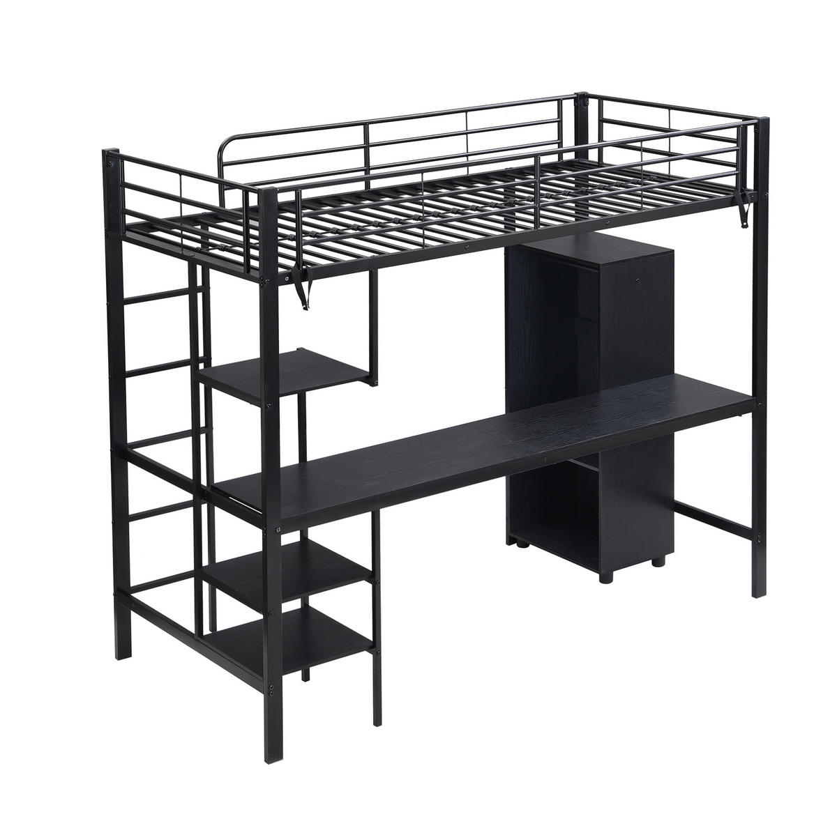 ETAGENBETT aus Metall und MDF 90x200 cm Schwarz mit Schreibtisch, Kleiderschrank, Regalen und 5-stufiger Leiter - Schwarz, Metall (90/200cm) - Modfu