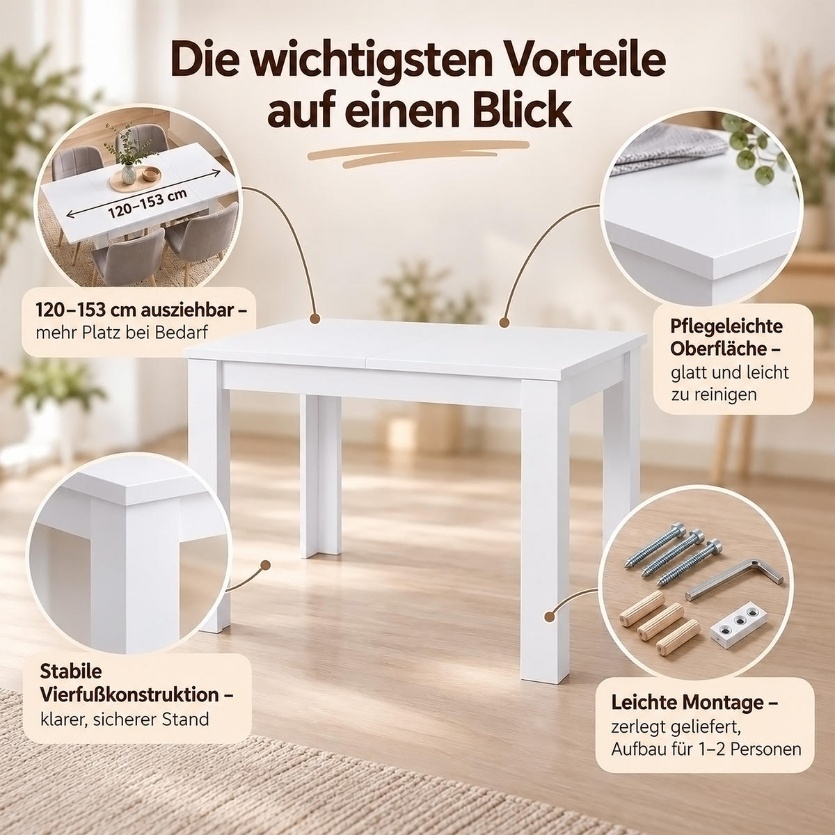 TISCHGRUPPE 120/80 cm Weiß mit 4 Stühlen schwarz - Beige/Schwarz, Holz/Kunststoff (80/80/120cm) - Homestyle4u