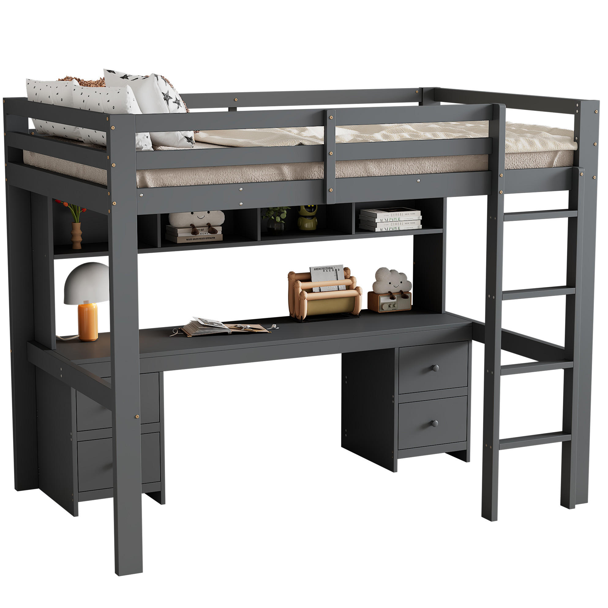 HOCHBETT 90/200 cm Grau mit Schreibtisch und Stauraum - Grau, Holz (90/200cm) - Flora Grace