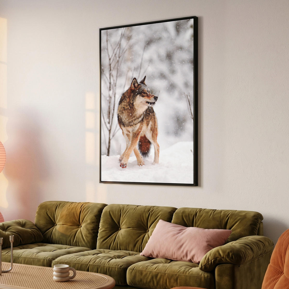 LEINWAND Bilder mit Rahmen - Wolf - Winter - Schnee - Natur - Tiere - 100x150 - Haselnussfarben, Textil (100/150cm) - MuchoWow