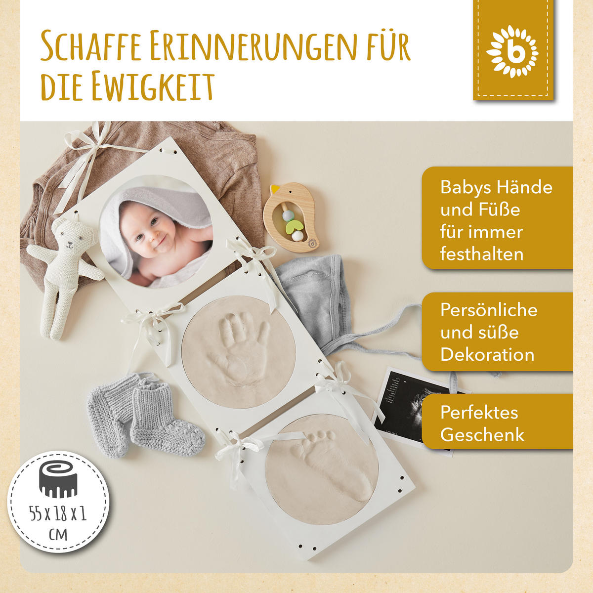 BILDERRAHMEN Baby-Abdruckset 3D Gipsabdruck Hand und Fuss - Weiß, Holz (18/1cm) - Bieco Spielwaren