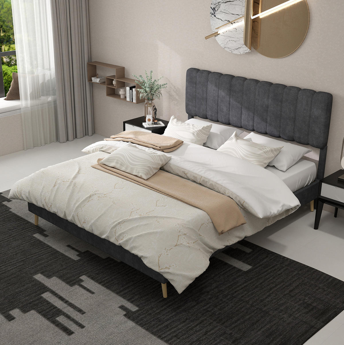 POLSTERBETT 160/200 cm grau aus Stoff und Metall mit Kopfteil - Grau, Textil (160/200cm) - OKWISH