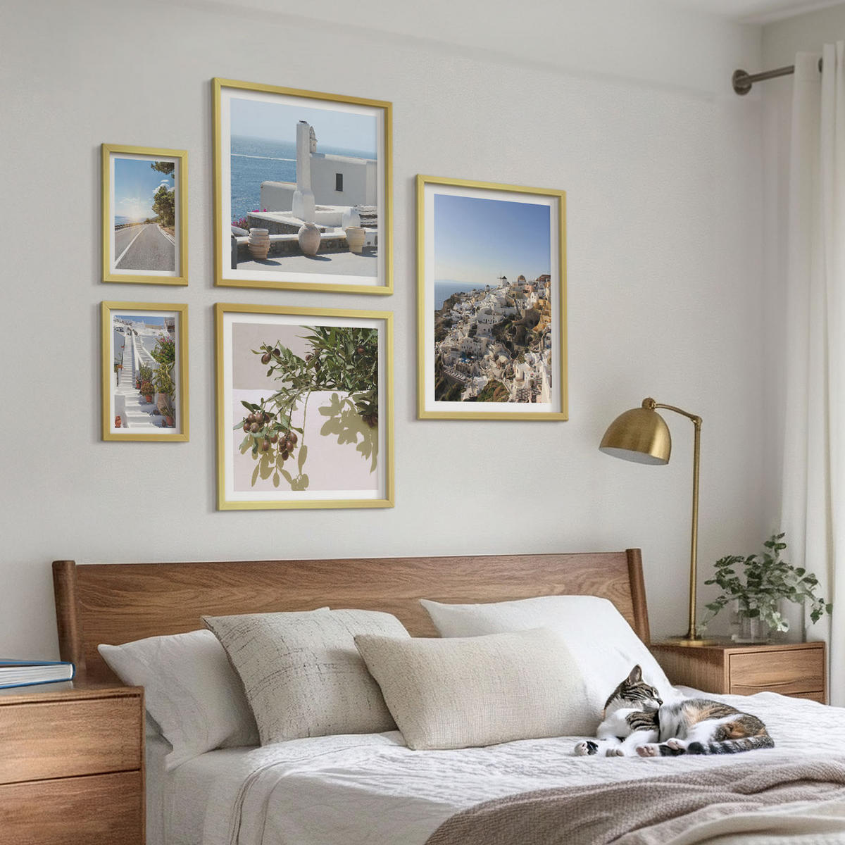 BILDER SET 5er Set - 50x50 cm & 20x30 cm & 40x60 cm Goldrahmen - Weiße Treppe mit Blick auf Santorini - Goldfarben, Kunststoff (40/60cm) - TULUP