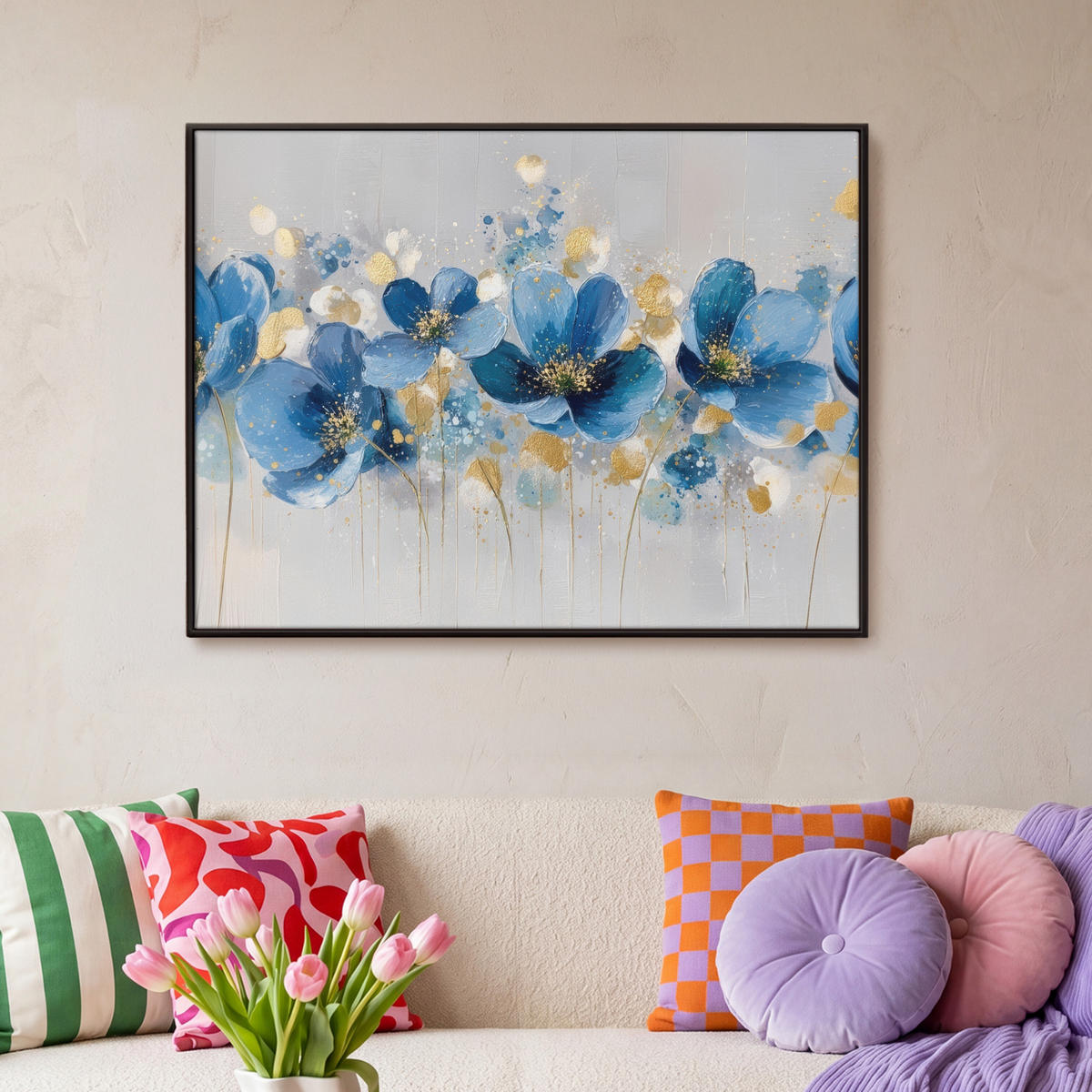 LEINWAND Bilder mit Rahmen - Blumen - Blau - Abstrakt - 100x70 - Hellgrau, Textil (100/70cm) - MuchoWow