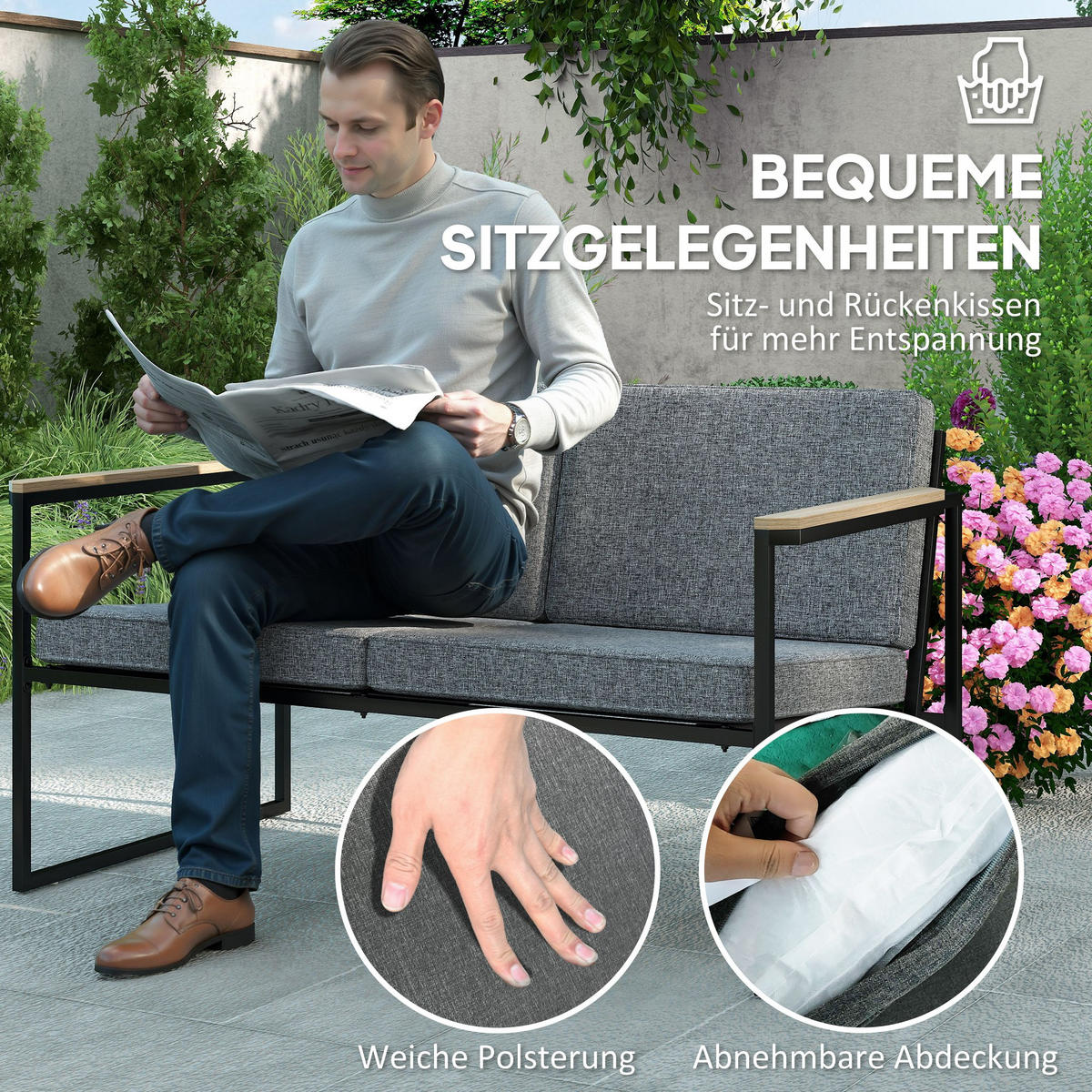 GARTENMÖBEL SET DE-06485 wetterfest, 2er Sofa, 2 Stühle, Beistelltisch Grau - Grau, Textil/Metall - ComfortXL
