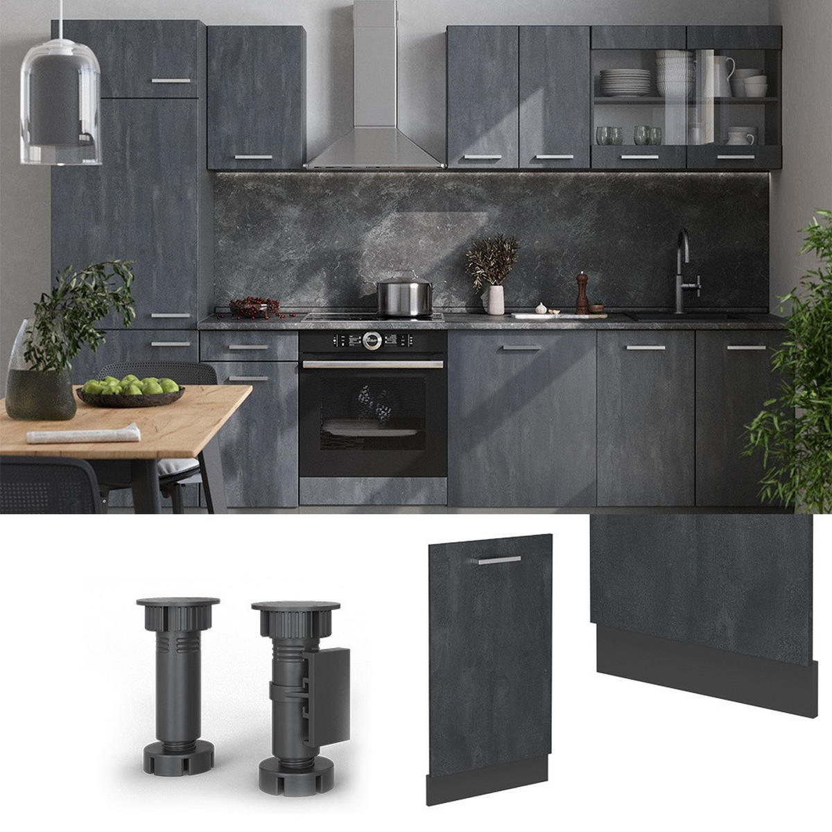 ČELNÍ PANEL MYČKY R-Line Černý beton 45 cm bez pracovní desky - černá/antracitová, kompozitní dřevo (45/81.8/1.6cm) - Vicco