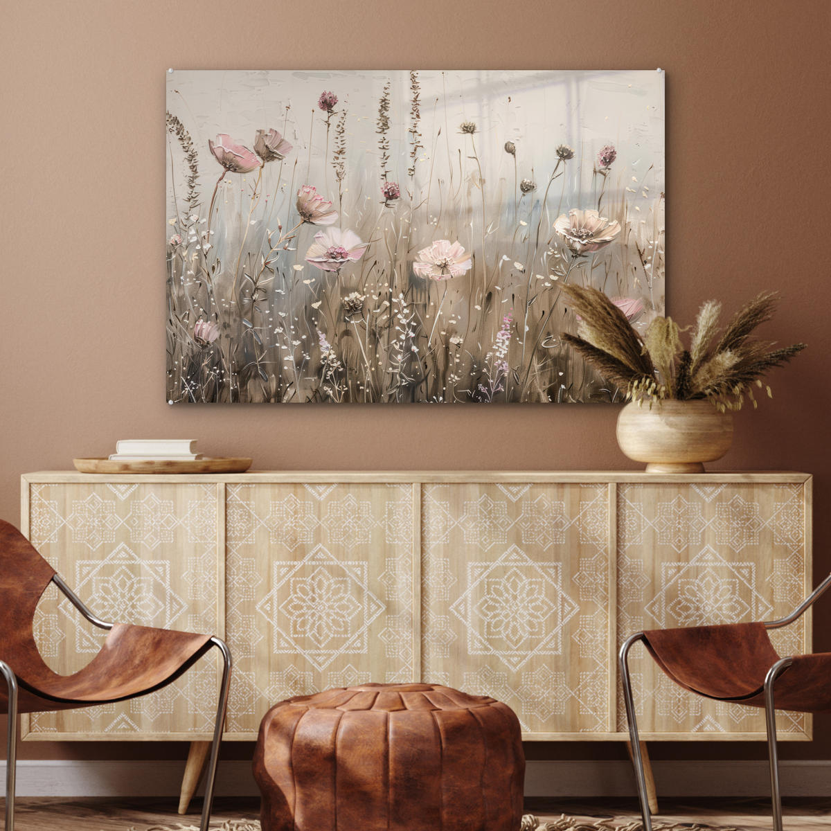 ACRYLGLASBILD Blumen - Rosa - Modern - Beige 120x80 cm - Beige, Glas (120/80cm) - MuchoWow