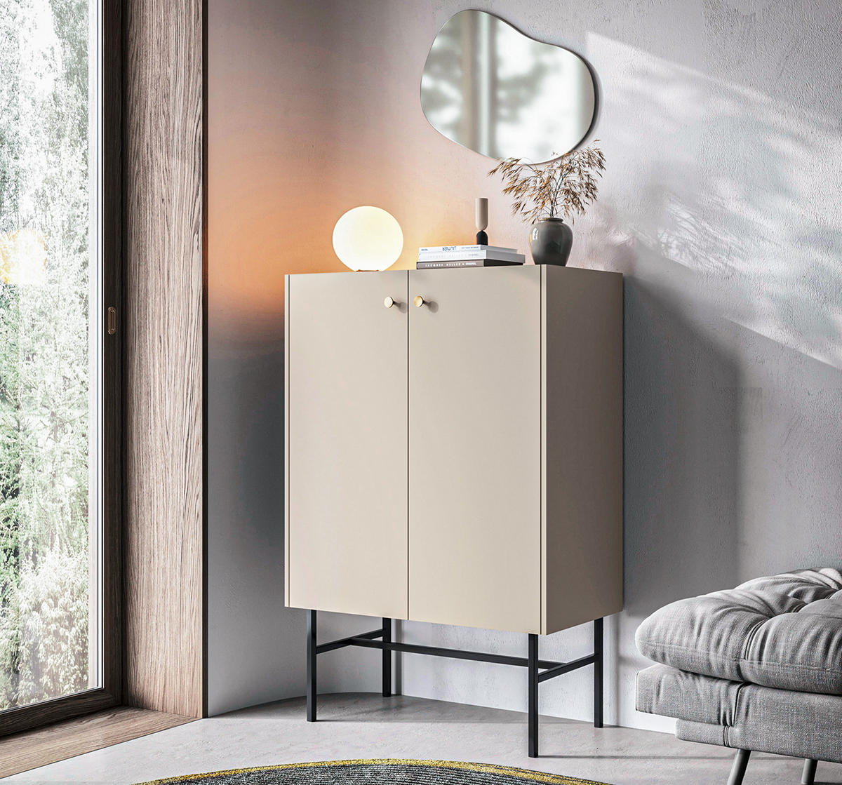 HIGHBOARD Dinley 2T Beige 93,2/131,7/39 cm – mit schwarzen Beinen im minimalistischen Design - Beige/Schwarz, Holzwerkstoff/Metall (93.2/131.7/39cm) - AX Living