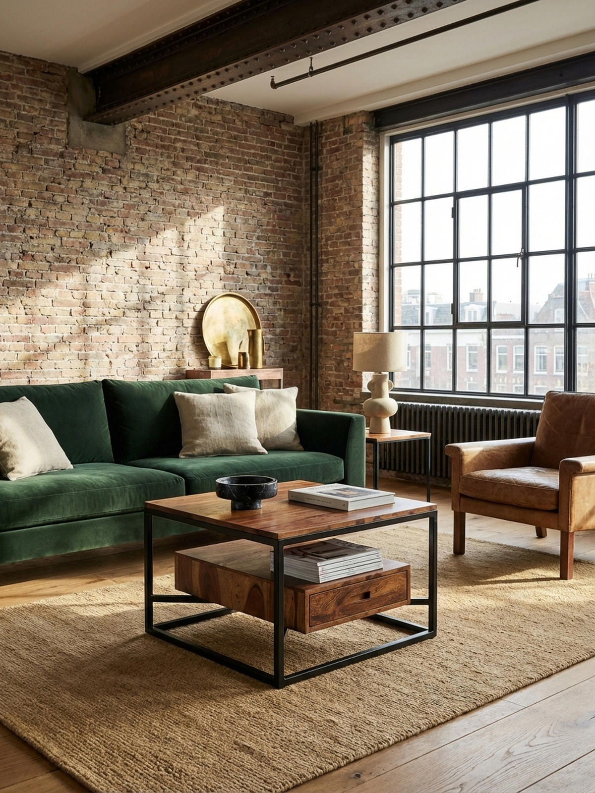 SOFATISCH Sheesham Massivholz und Metall, Quadratisch mit Schublade, Maße 60x60x40 cm - Schwarz/Braun, Holz/Metall (60/60/40cm) - KADIMA DESIGN