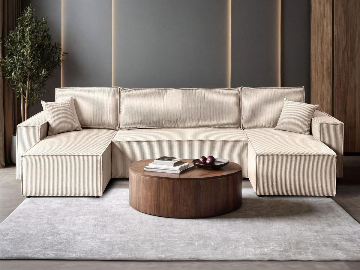 WOHNLANDSCHAFT Gepolstertes CARLO U Cord mit Schlaffunktion und Bettkasten, Poso 100 - Ecru, Textil (315/83/143cm) - Lookway