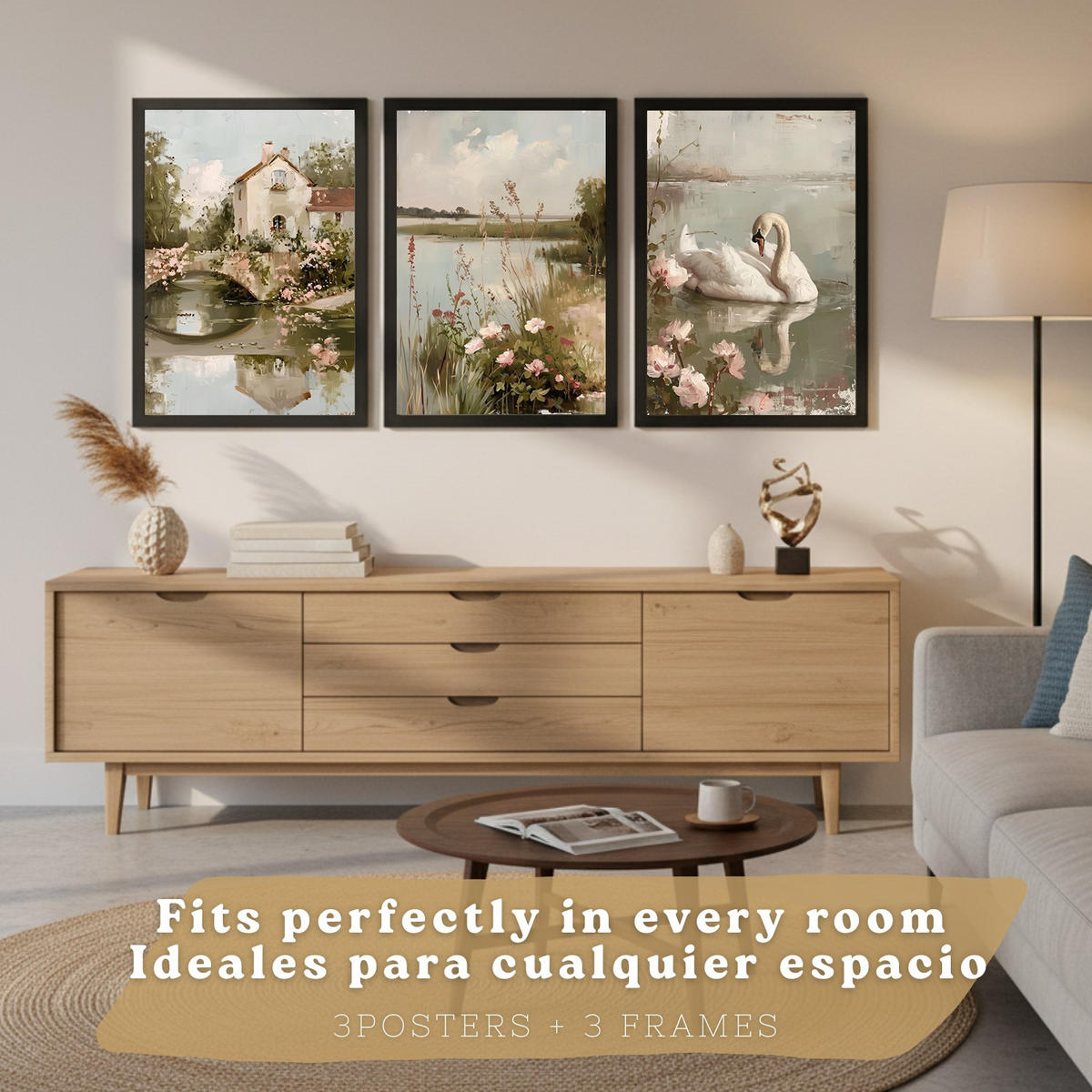 POSTER 3er Bilder-Set Wandbilder Ölmalerei modern Wohnzimmer Deko, Schlafzimmer, Küche, Badezimmer Schwarzer Rahmen A4 - Schwarz, Papier (29.7/1/21cm) - Nacnic