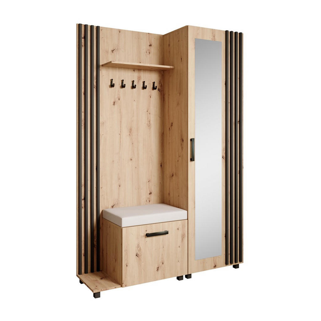 Beautysofa ŠATNÍ skříň do předsíně Livia s věšáky a zrcadlem, dub Artisan, levá