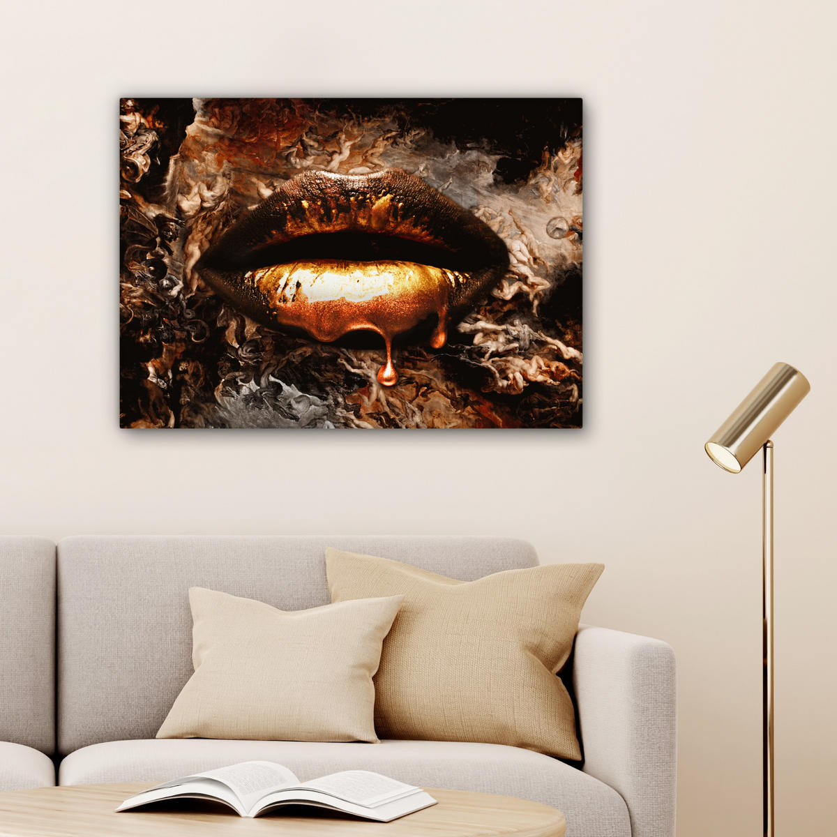 LEINWANDBILD Gold - Lippen - Kunst - Gold - Luxus - Abstrakt Wandbilder 80x60 cm - Bronzefarben, Textil (80/60cm) - MuchoWow