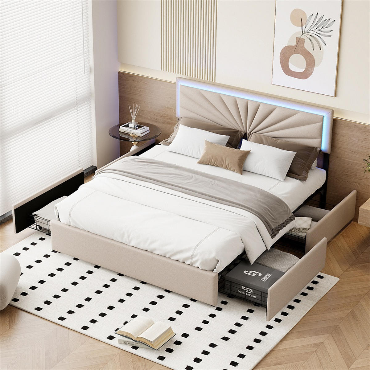 POLSTERBETT 160x200 cm - mit LED-Kopfteilbeleuchtung und 4 ausziehbaren schubladen - ohne Matratze - Beige - Beige, Textil (160/200cm) - DELFA