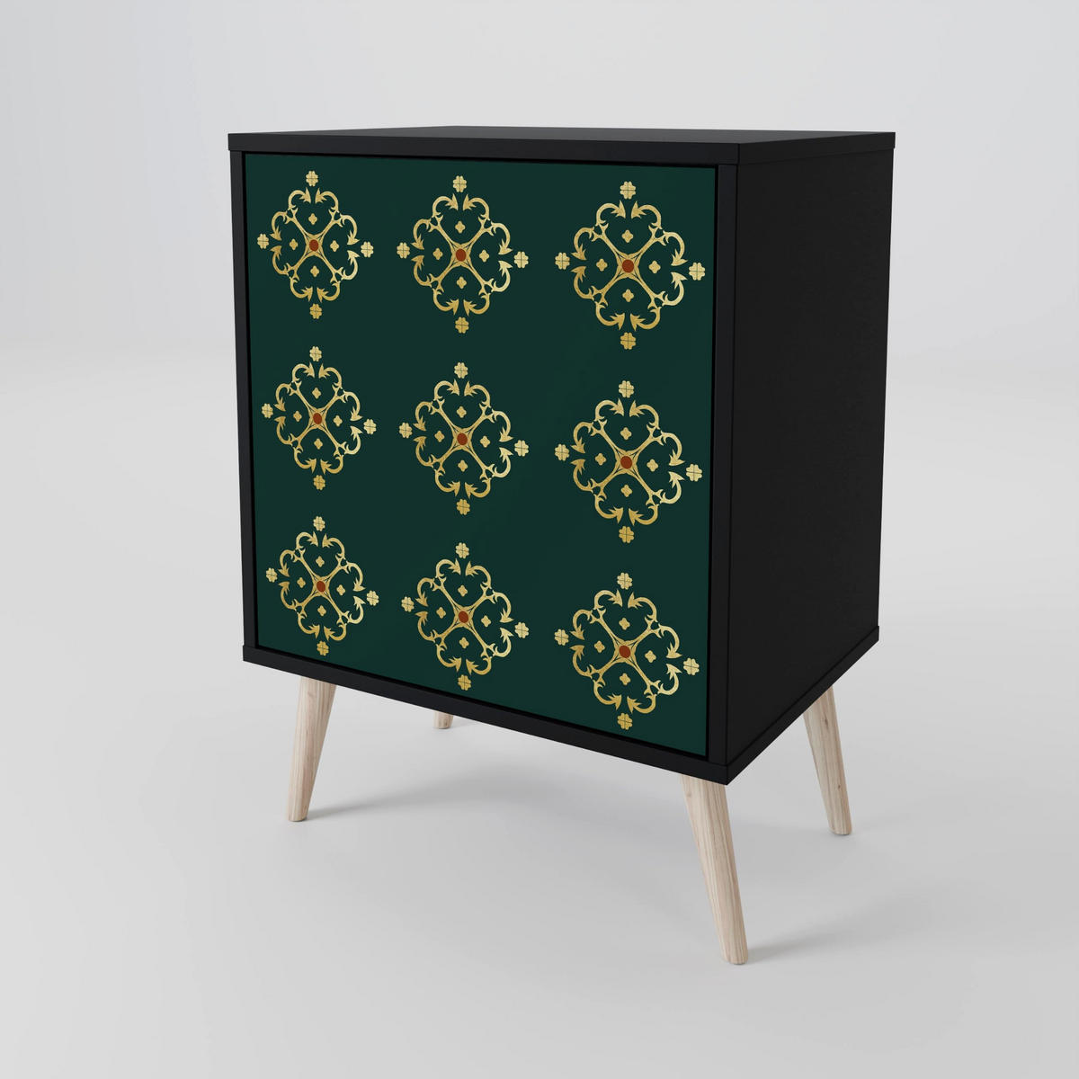 SIDEBOARD ROYAL MEDALLION, Schwarz, 57,5x42x67,5 cm, Schwarze Metall-Rahmenfüße - Multicolor/Schwarz, Holzwerkstoff/Metall (57.5/67.5/42cm) - SpaceRebels