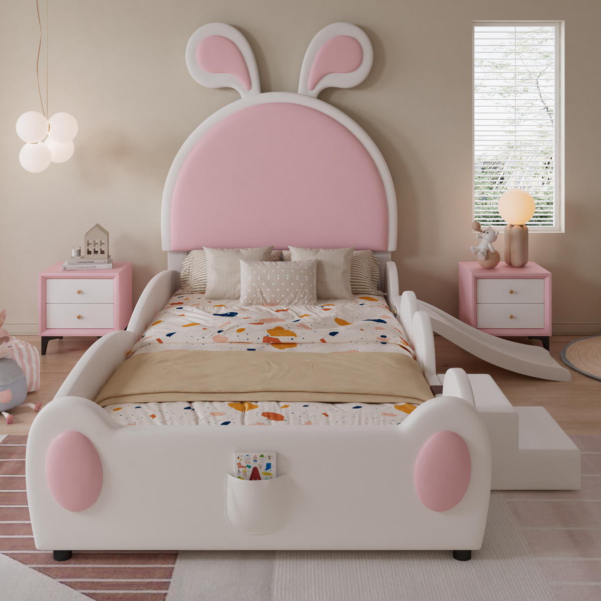 KINDERBETT 90/200 cm aus PU mit Rutsche, Treppe und Hasenohren-Kopfteil Weiß/Rosa - Rosa, Kunststoff (90/200cm) - Modenvie