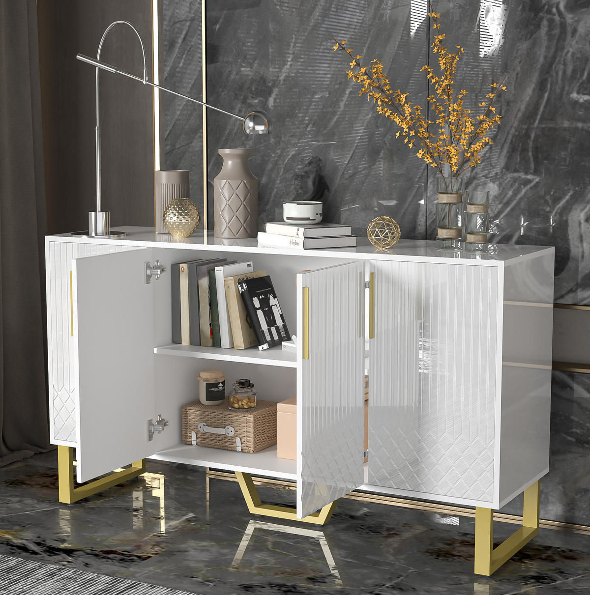SIDEBOARD 140/40/80 cm in Weiß Hochglanz mit 4 Türen und Metallbeinen - Weiß, Holzwerkstoff (140/80/40cm) - Flora Grace