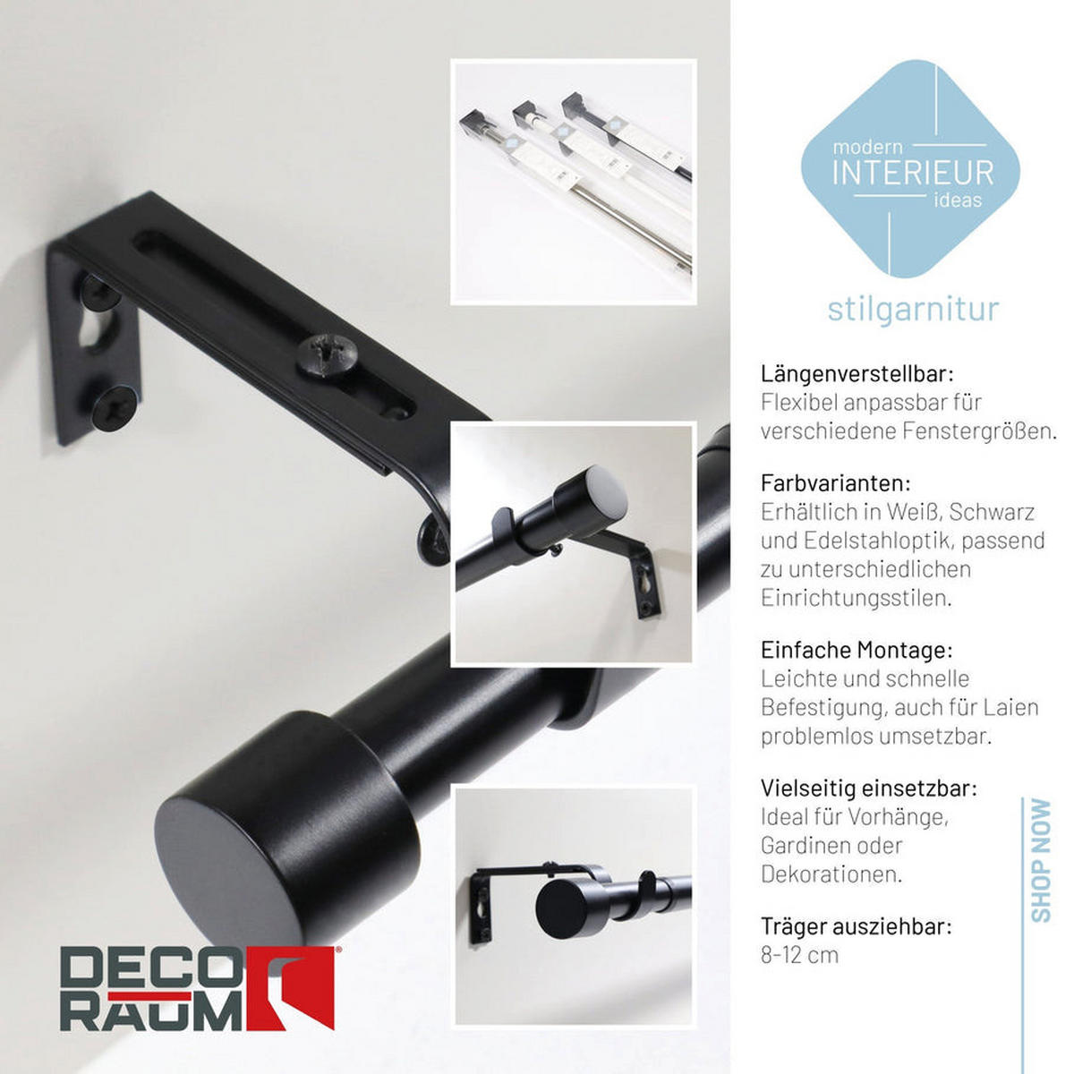 GARDINENSTANGE ausziehbar 120-210cm 1-Lauf Flexa - Schwarz, Metall (120cm) - Deco-Raum